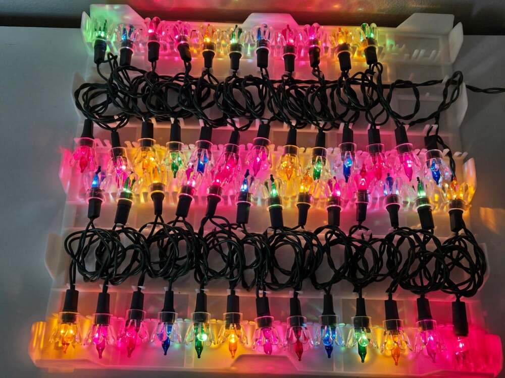 Vintage 50 Light Set w/ clear Petal Reflectors Indoor/Outdoor Multi-Color Bulbs
